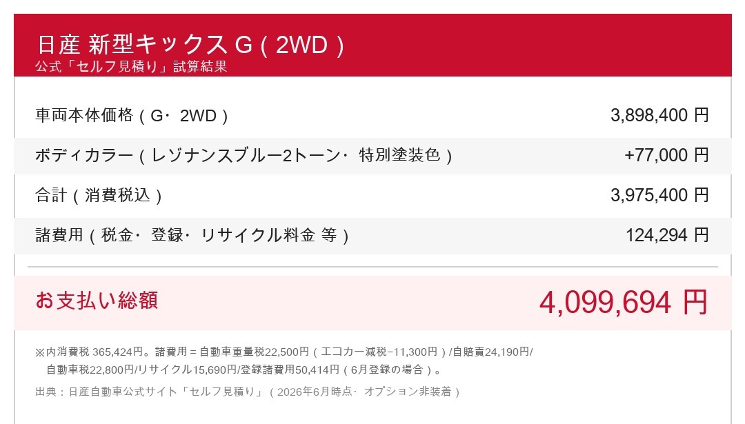日産公式セルフ見積り Gグレードの結果