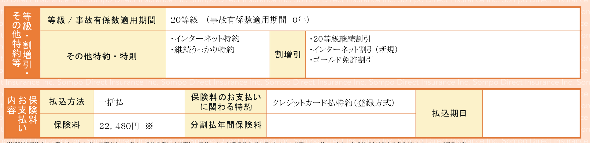 自動車保険証券の保険料部分（年間22,480円・20等級）